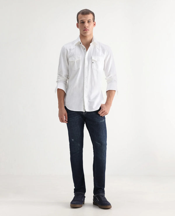 Rare Rabbit Men Yuri Dark Blue Cotton Spandex Fabric Slim Fit Mid Wash Distressed Solid Denim Pant