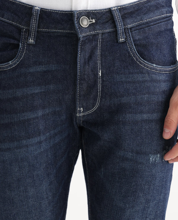 Rare Rabbit Men Yuri Dark Blue Cotton Spandex Fabric Slim Fit Mid Wash Distressed Solid Denim Pant