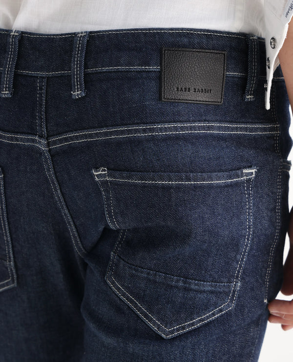 Rare Rabbit Men Yuri Dark Blue Cotton Spandex Fabric Slim Fit Mid Wash Distressed Solid Denim Pant