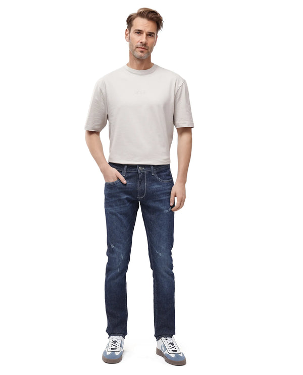 Rare Rabbit Men Yuri Dark Blue Cotton Spandex Fabric Slim Fit Mid Wash Distressed Solid Denim Pant