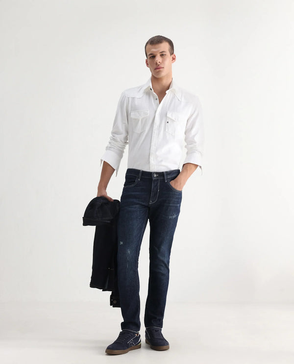 Rare Rabbit Men Yuri Dark Blue Cotton Spandex Fabric Slim Fit Mid Wash Distressed Solid Denim Pant