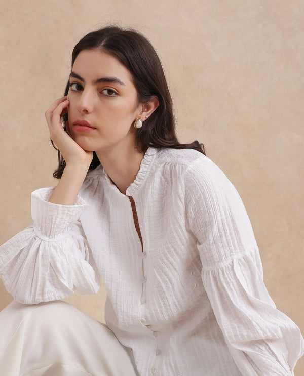 Rareism Women Zafia White Nylon Blend Fabric Lantern Sleeve V-Neck Button Closure Plain Top