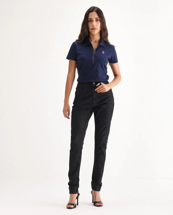 Rareism Women Zaisho Black Cotton Elastane Fabric Solid Regular Length Jeans