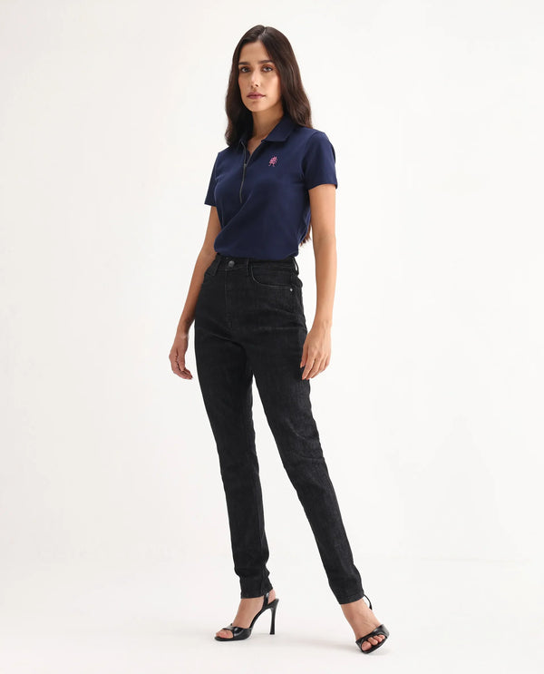 Rareism Women Zaisho Black Cotton Elastane Fabric Solid Regular Length Jeans