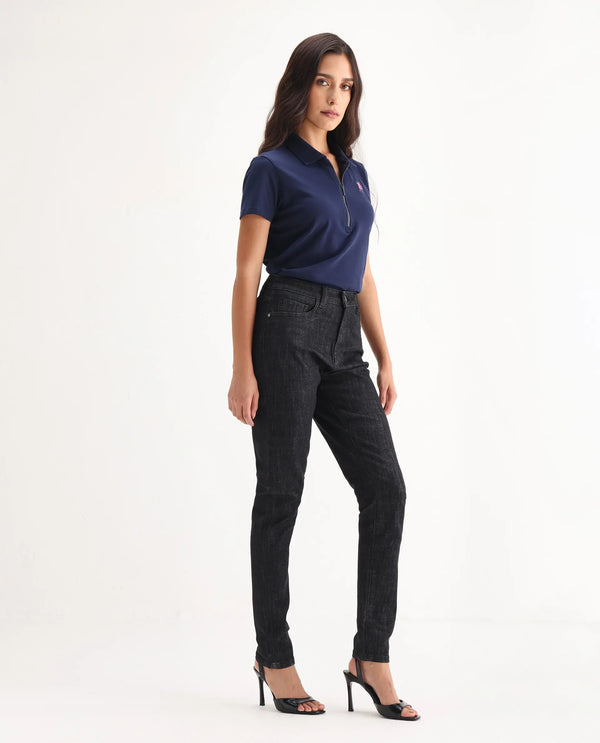 Rareism Women Zaisho Black Cotton Elastane Fabric Solid Regular Length Jeans