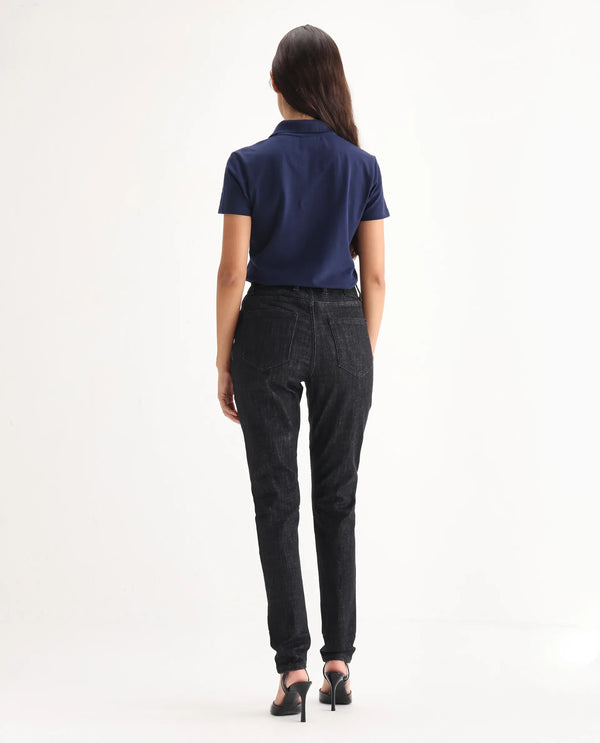 Rareism Women Zaisho Black Cotton Elastane Fabric Solid Regular Length Jeans