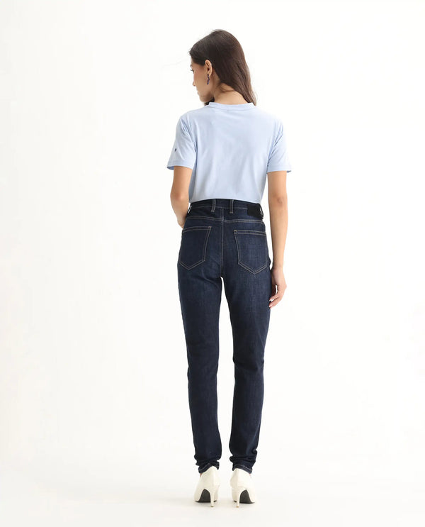 Rareism Women Zaisho Dark Blue Cotton Elastane Fabric Solid Regular Length Jeans