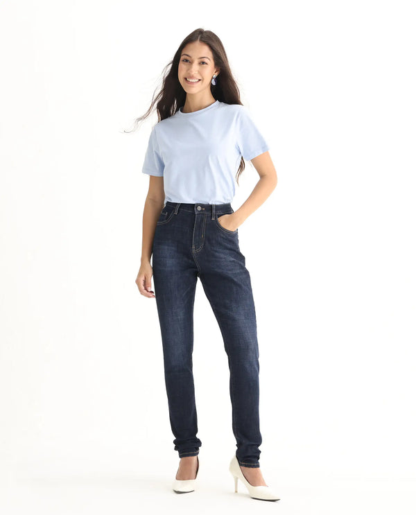 Rareism Women Zaisho Dark Blue Cotton Elastane Fabric Solid Regular Length Jeans