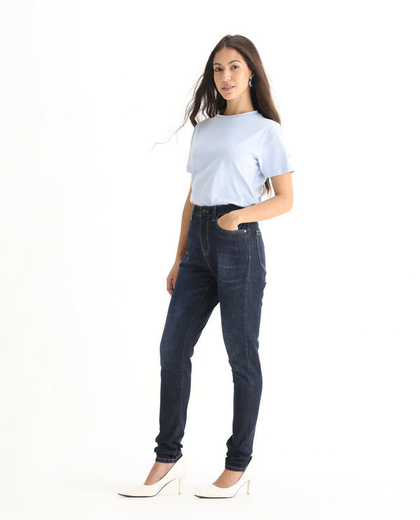 Rareism Women Zaisho Dark Blue Cotton Elastane Fabric Solid Regular Length Jeans