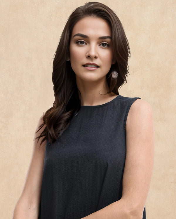 Rareism Women Zakura Black Zipper Closure Sleeveless Crew Neck Relaxed Fit Plain Maxi Dress