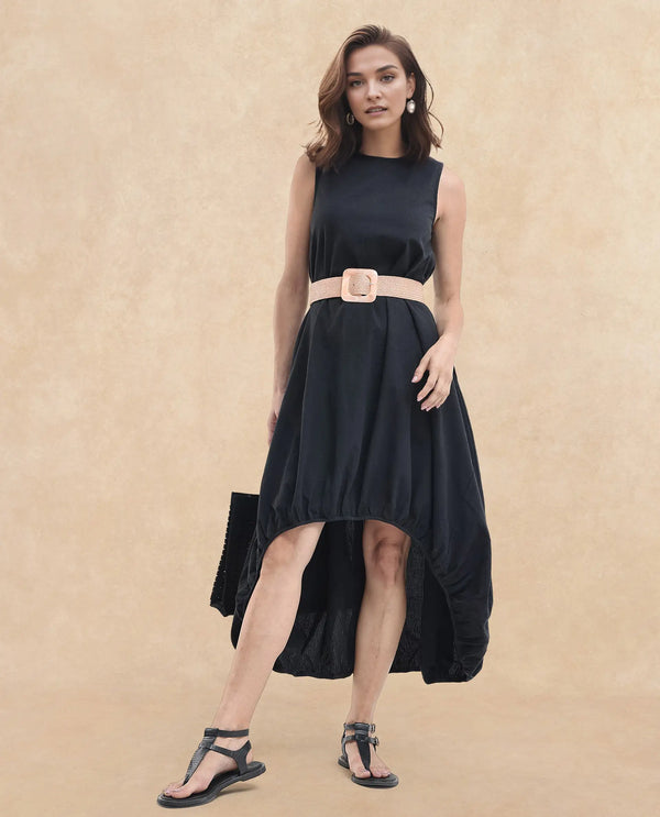 Rareism Women Zakura Black Zipper Closure Sleeveless Crew Neck Relaxed Fit Plain Maxi Dress