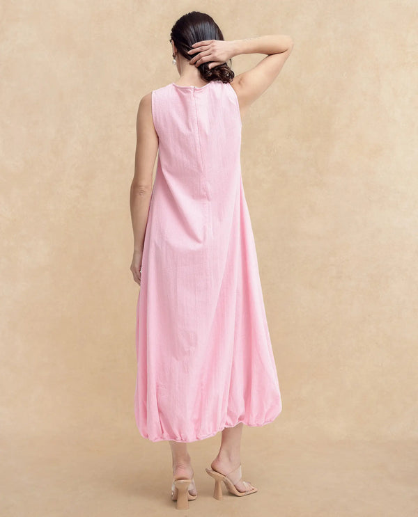Rareism Women Zakura Dusky Pink Zipper Closure Sleeveless Crew Neck Balloon Fit Plain Maxi Dress