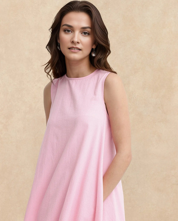 Rareism Women Zakura Dusky Pink Zipper Closure Sleeveless Crew Neck Balloon Fit Plain Maxi Dress