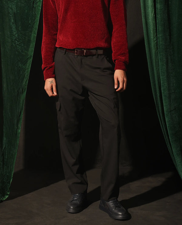 Rare Rabbit Men Zal Black Polyester Elastane Button And Zip Closure Relaxed Fit Plain Trouser