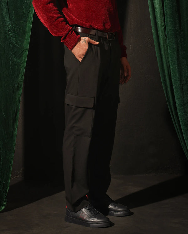 Rare Rabbit Men Zal Black Polyester Elastane Button And Zip Closure Relaxed Fit Plain Trouser