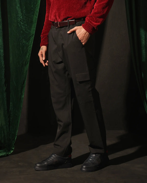Rare Rabbit Men Zal Black Polyester Elastane Button And Zip Closure Relaxed Fit Plain Trouser