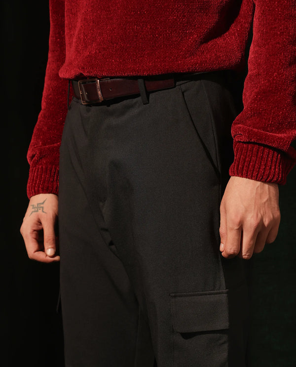 Rare Rabbit Men Zal Black Polyester Elastane Button And Zip Closure Relaxed Fit Plain Trouser