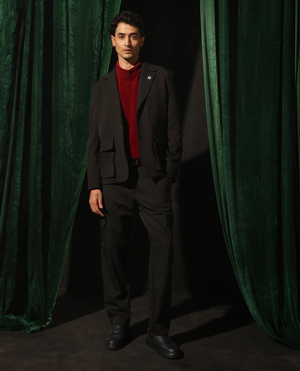 Rare Rabbit Men Zalfo Black Polyester Lycra Fabric Full Sleeve Lapel Collar Button Closure Solid Blazer Jacket
