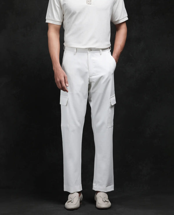 Rare Rabbit Men Zal Off White Polyester Elastane Button And Zip Closure Relaxed Fit Plain Trouser