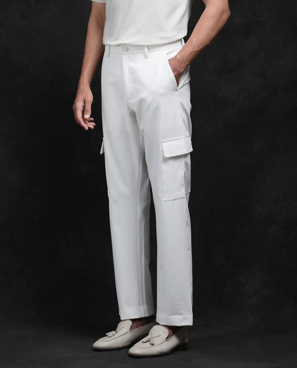 Rare Rabbit Men Zal Off White Polyester Elastane Button And Zip Closure Relaxed Fit Plain Trouser