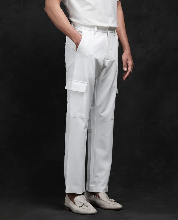 Rare Rabbit Men Zal Off White Polyester Elastane Button And Zip Closure Relaxed Fit Plain Trouser