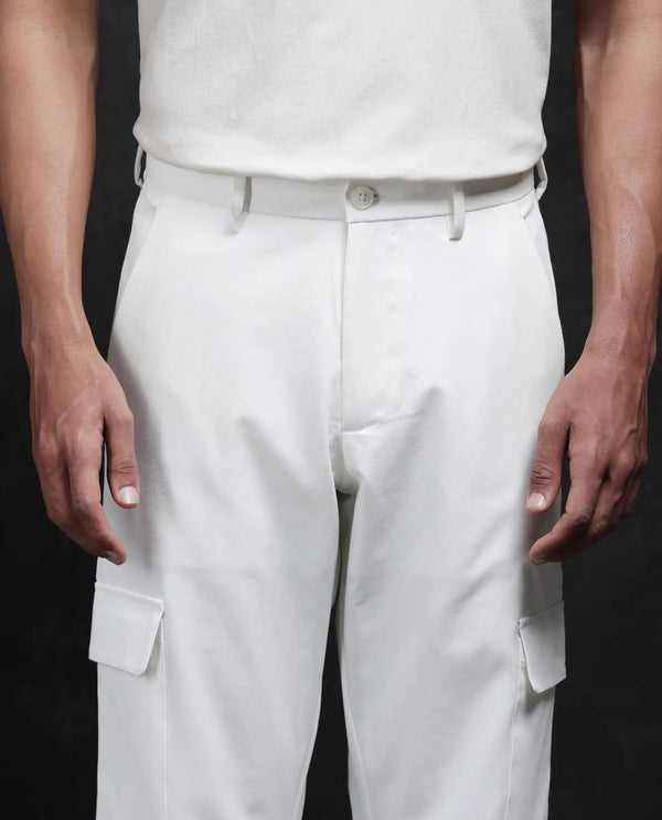 Rare Rabbit Men Zal Off White Polyester Elastane Button And Zip Closure Relaxed Fit Plain Trouser