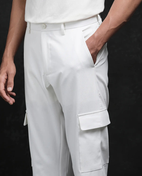 Rare Rabbit Men Zal Off White Polyester Elastane Button And Zip Closure Relaxed Fit Plain Trouser