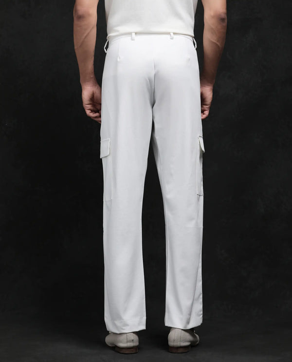 Rare Rabbit Men Zal Off White Polyester Elastane Button And Zip Closure Relaxed Fit Plain Trouser