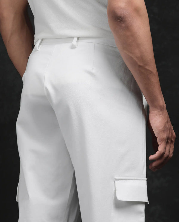 Rare Rabbit Men Zal Off White Polyester Elastane Button And Zip Closure Relaxed Fit Plain Trouser