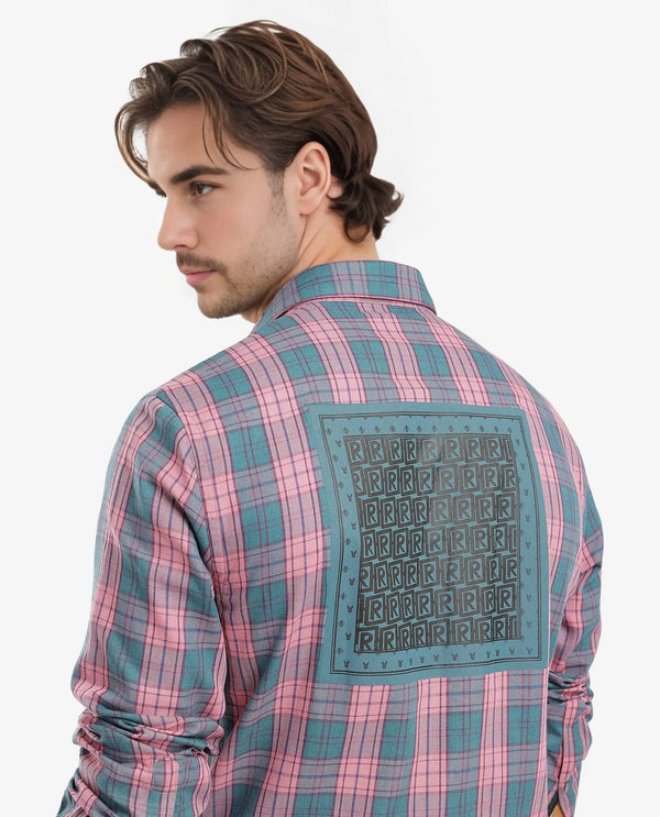 Rare Rabbit Men's Zamb Dark Turq Cotton Fabric Full Sleeve Oversized Fit Graphic Back Print Checks Shirt