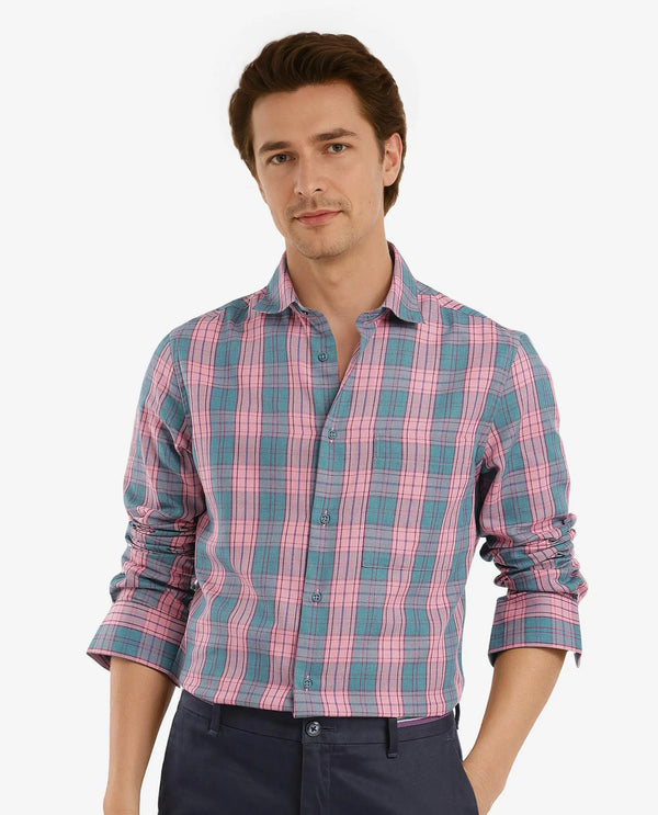 Rare Rabbit Men's Zamb Dark Turq Cotton Fabric Full Sleeve Oversized Fit Graphic Back Print Checks Shirt