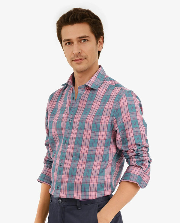 Rare Rabbit Men's Zamb Dark Turq Cotton Fabric Full Sleeve Oversized Fit Graphic Back Print Checks Shirt