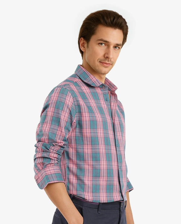 Rare Rabbit Men's Zamb Dark Turq Cotton Fabric Full Sleeve Oversized Fit Graphic Back Print Checks Shirt