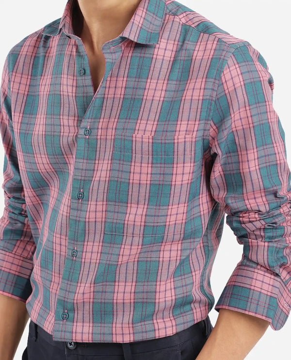 Rare Rabbit Men's Zamb Dark Turq Cotton Fabric Full Sleeve Oversized Fit Graphic Back Print Checks Shirt