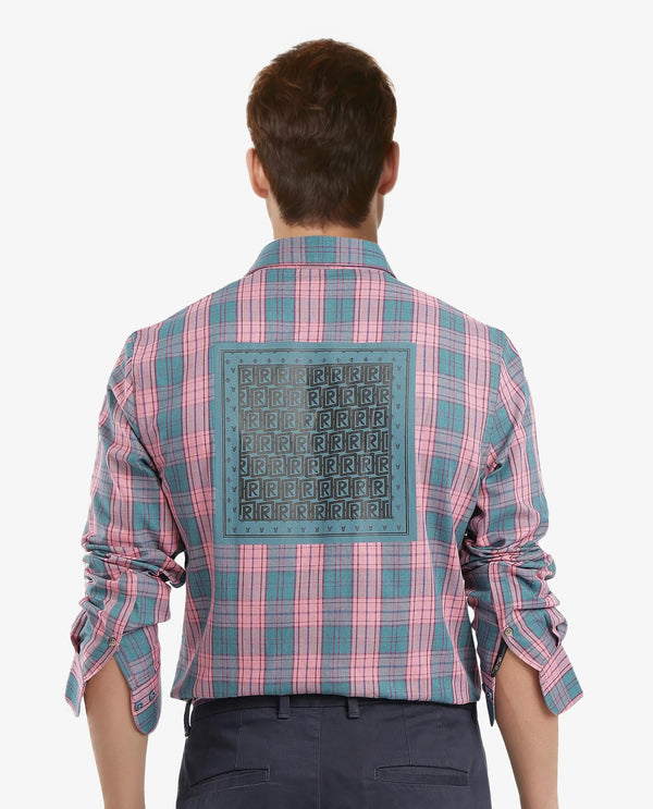 Rare Rabbit Men's Zamb Dark Turq Cotton Fabric Full Sleeve Oversized Fit Graphic Back Print Checks Shirt