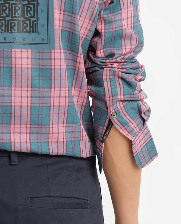 Rare Rabbit Men's Zamb Dark Turq Cotton Fabric Full Sleeve Oversized Fit Graphic Back Print Checks Shirt