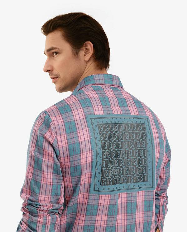Rare Rabbit Men's Zamb Dark Turq Cotton Fabric Full Sleeve Oversized Fit Graphic Back Print Checks Shirt