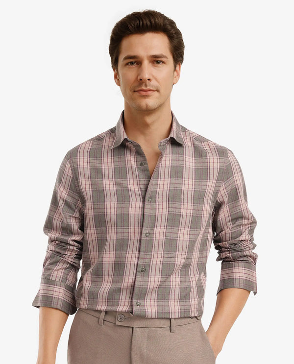 Rare Rabbit Men's Zamb Olive Cotton Fabric Full Sleeve Oversized Fit Graphic Back Print Checks Shirt