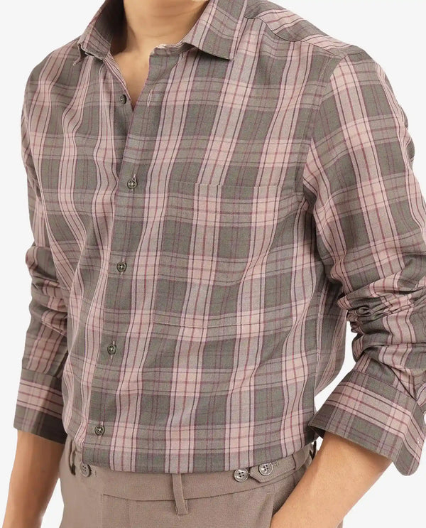 Rare Rabbit Men's Zamb Olive Cotton Fabric Full Sleeve Oversized Fit Graphic Back Print Checks Shirt