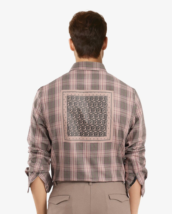 Rare Rabbit Men's Zamb Olive Cotton Fabric Full Sleeve Oversized Fit Graphic Back Print Checks Shirt
