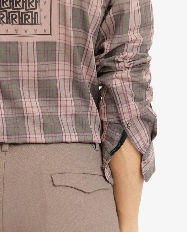Rare Rabbit Men's Zamb Olive Cotton Fabric Full Sleeve Oversized Fit Graphic Back Print Checks Shirt