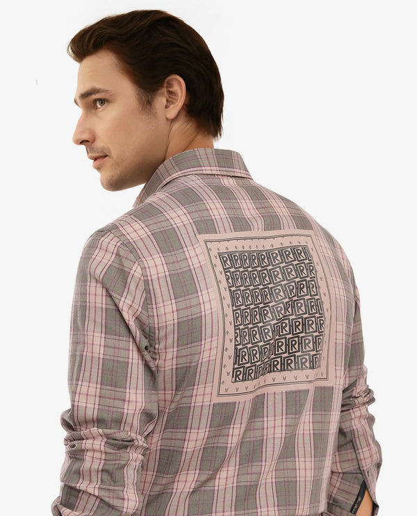 Rare Rabbit Men's Zamb Olive Cotton Fabric Full Sleeve Oversized Fit Graphic Back Print Checks Shirt