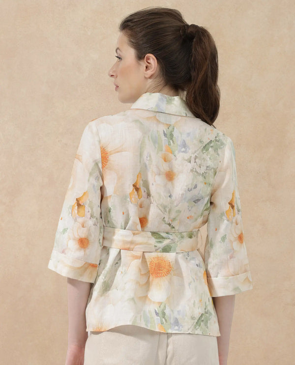 Rareism Women Zame-T Off White Cotton Linen Fabric 3/4Th Sleeves Tie-Up Closure Regular Fit Floral Print Shrug