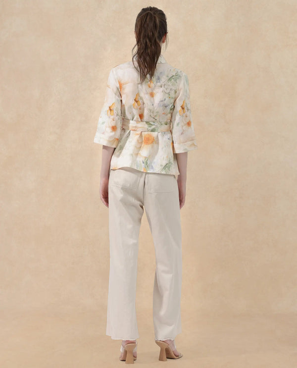 Rareism Women Zame-T Off White Cotton Linen Fabric 3/4Th Sleeves Tie-Up Closure Regular Fit Floral Print Shrug