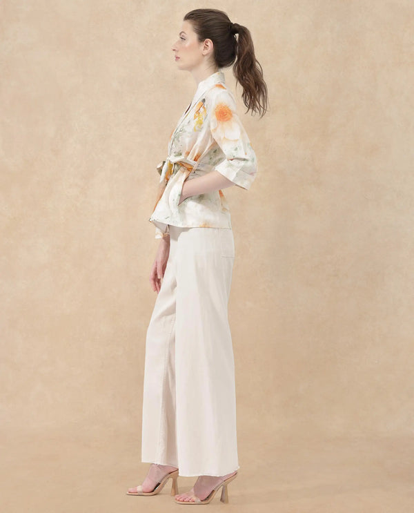 Rareism Women Zame-T Off White Cotton Linen Fabric 3/4Th Sleeves Tie-Up Closure Regular Fit Floral Print Shrug