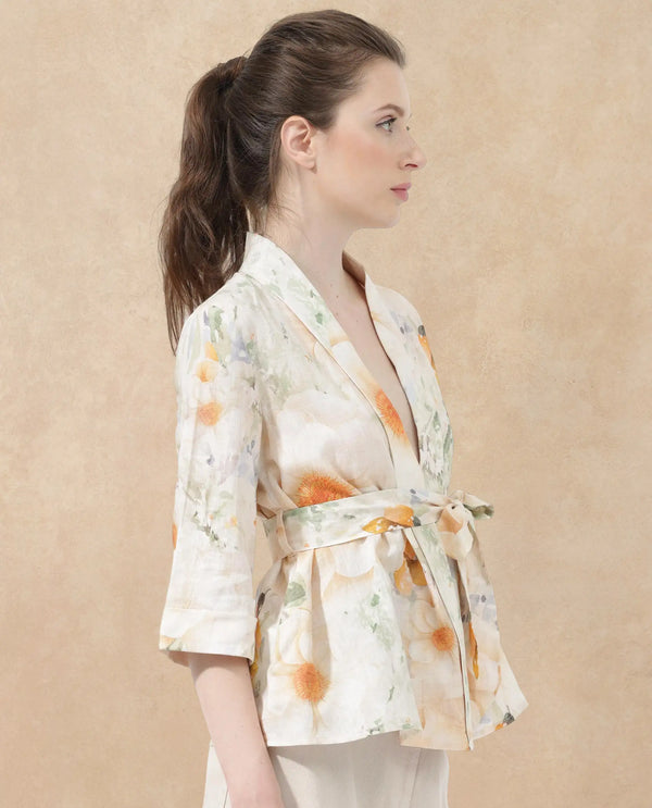 Rareism Women Zame-T Off White Cotton Linen Fabric 3/4Th Sleeves Tie-Up Closure Regular Fit Floral Print Shrug