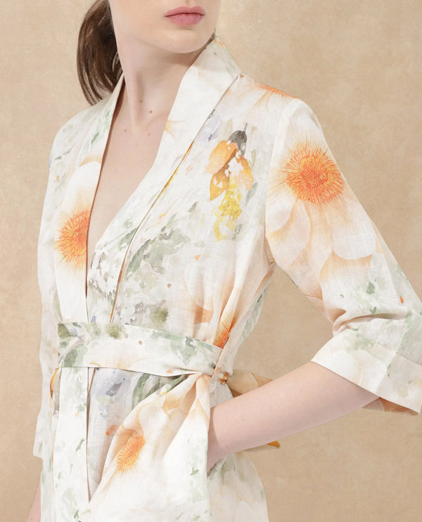 Rareism Women Zame-T Off White Cotton Linen Fabric 3/4Th Sleeves Tie-Up Closure Regular Fit Floral Print Shrug