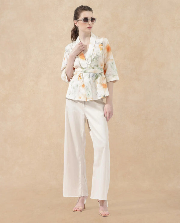 Rareism Women Zame-T Off White Cotton Linen Fabric 3/4Th Sleeves Tie-Up Closure Regular Fit Floral Print Shrug