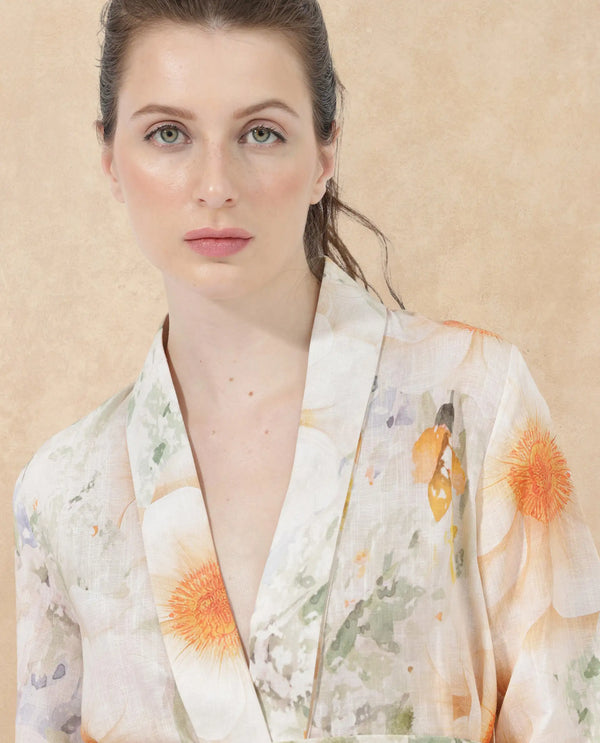 Rareism Women Zame-T Off White Cotton Linen Fabric 3/4Th Sleeves Tie-Up Closure Regular Fit Floral Print Shrug