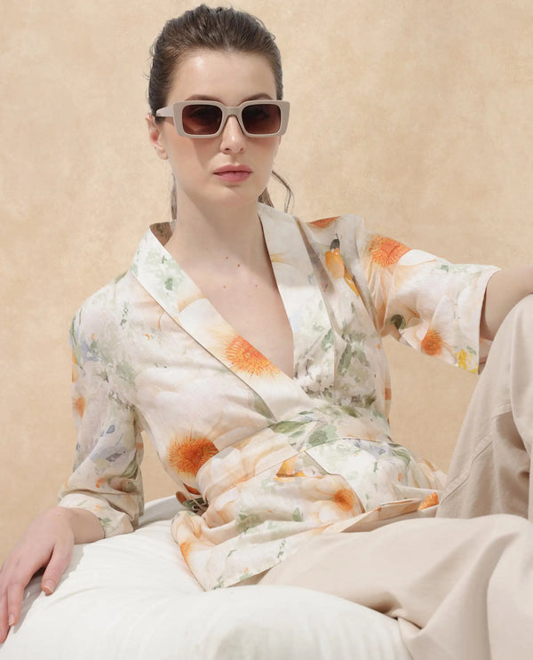 Rareism Women Zame-T Off White Cotton Linen Fabric 3/4Th Sleeves Tie-Up Closure Regular Fit Floral Print Shrug